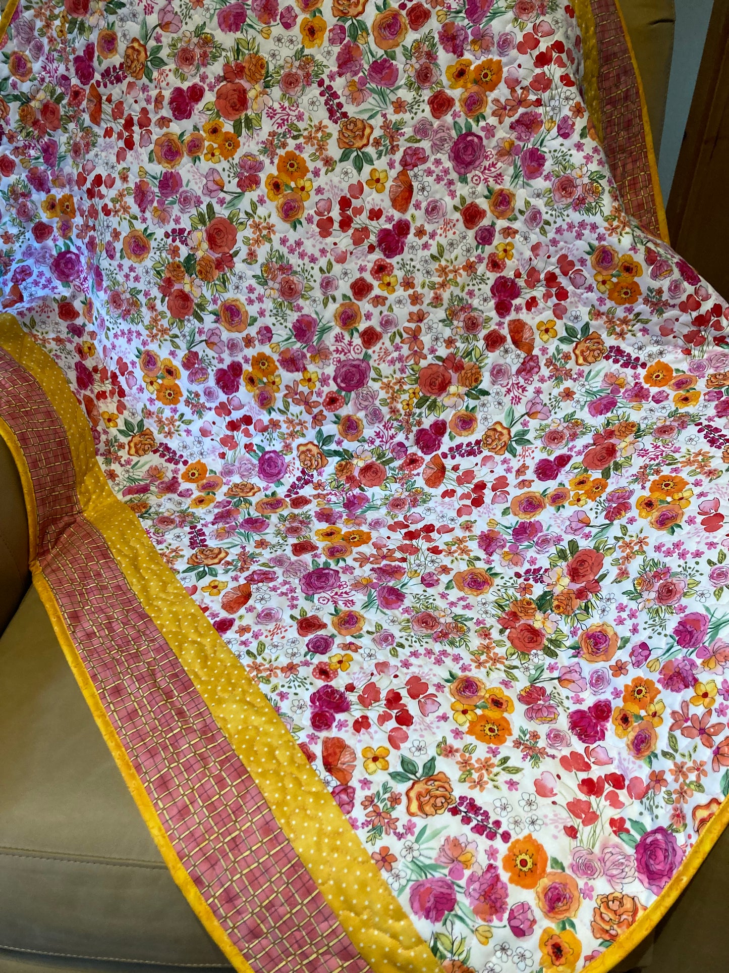 Baby Girl Toddler Quilt, Pink Yellow Orange Bright Flowers 42x48", Large Crib Throw Playtime Mat, Shower Gift, Wheelchair Lap, Floral Garden