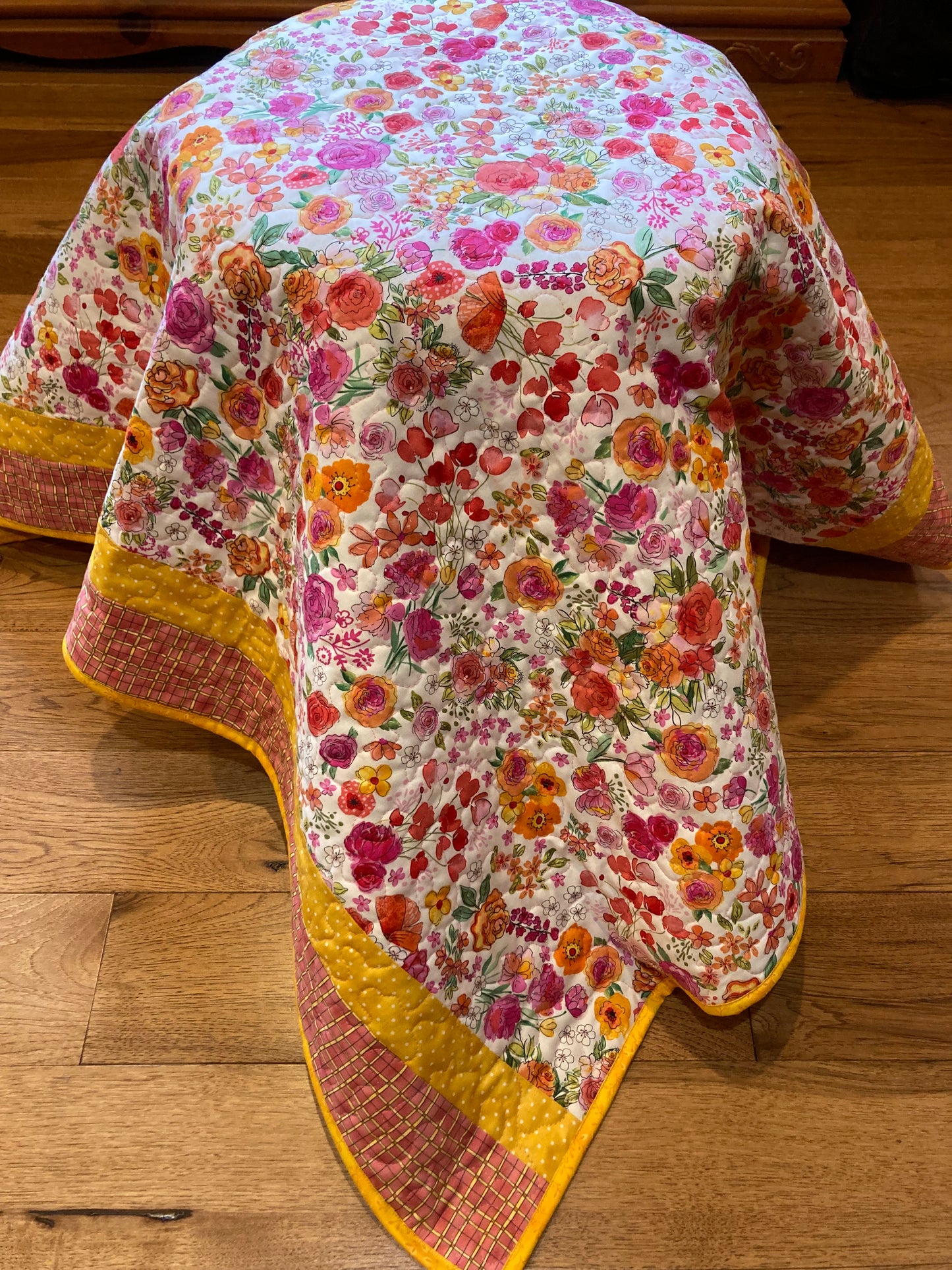 Baby Girl Toddler Quilt, Pink Yellow Orange Bright Flowers 42x48", Large Crib Throw Playtime Mat, Shower Gift, Wheelchair Lap, Floral Garden