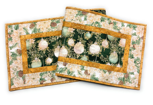 Christmas Green White Golden Ornaments Quilted Dining Table Runner, 13x48" Reversible Fall Handmade