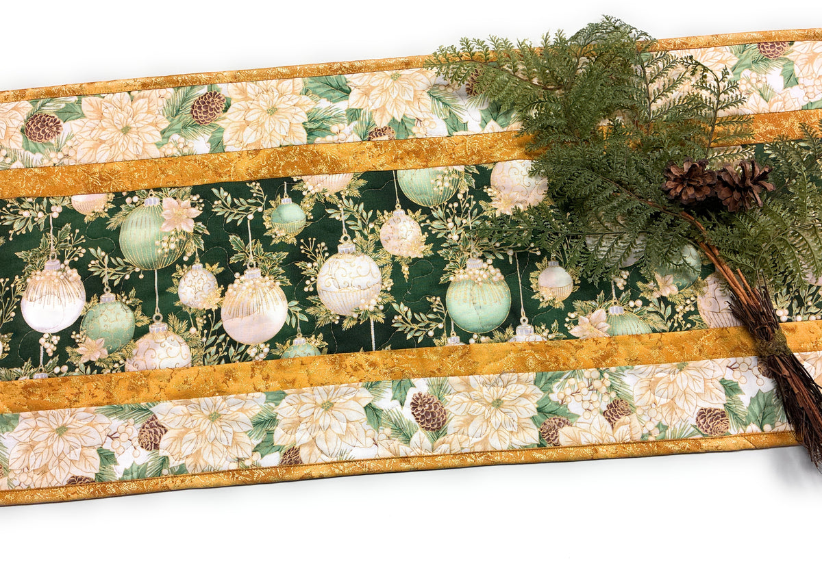 Christmas Green White Golden Ornaments Quilted Dining Table Runner, 13x48" Reversible Fall Handmade