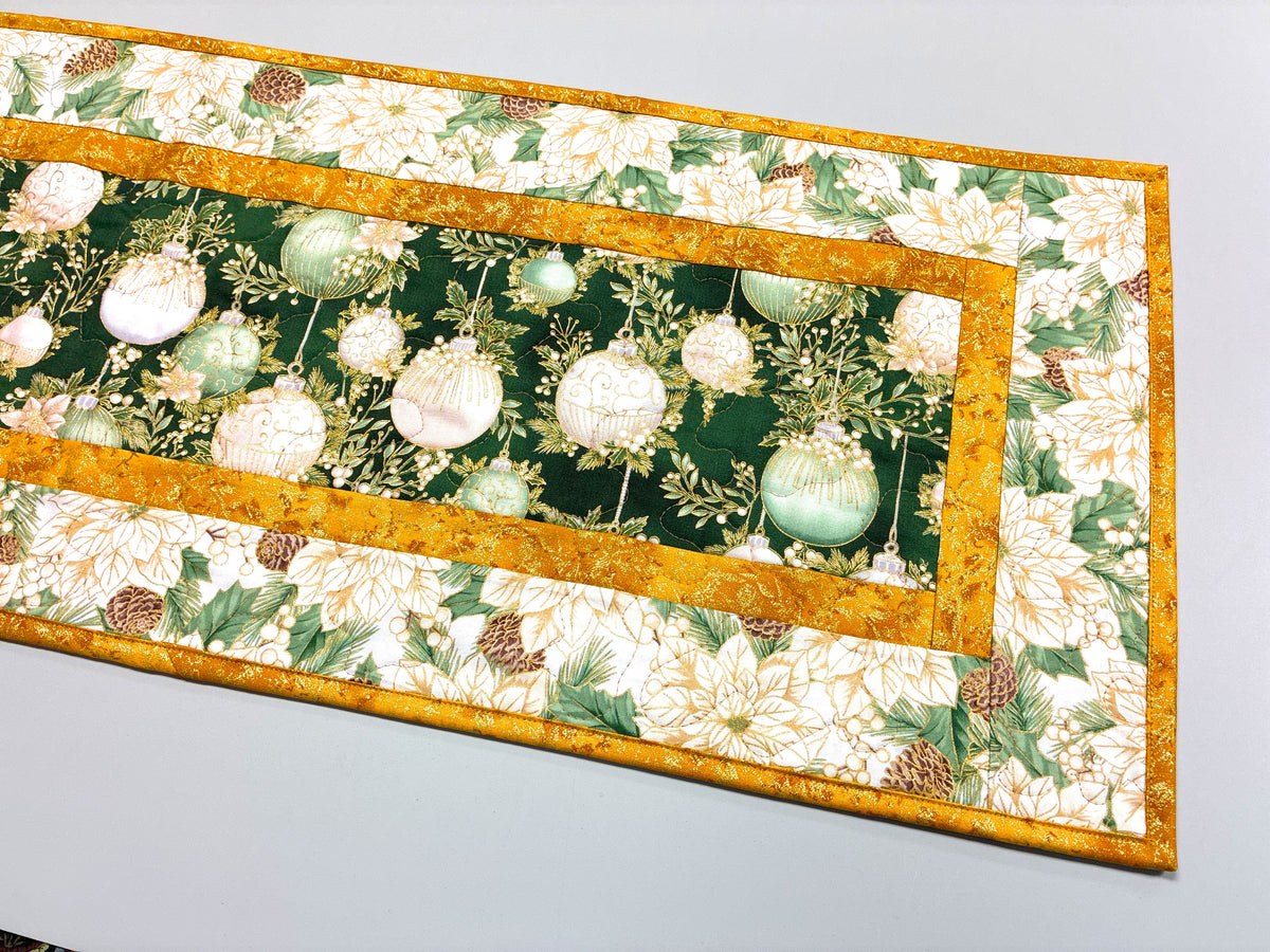 Christmas Green White Golden Ornaments Quilted Dining Table Runner, 13x48" Reversible Fall Handmade
