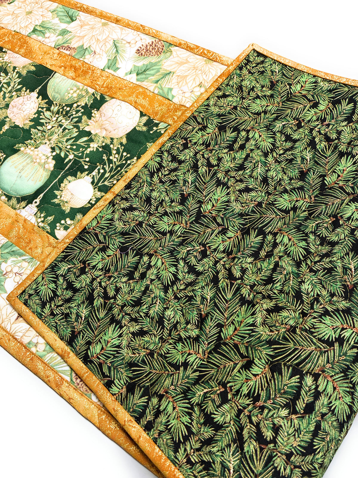 Christmas Green White Golden Ornaments Quilted Dining Table Runner, 13x48" Reversible Fall Handmade