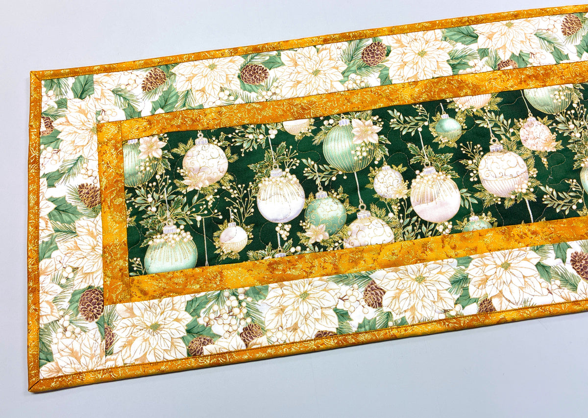 Christmas Green White Golden Ornaments Quilted Dining Table Runner, 13x48" Reversible Fall Handmade