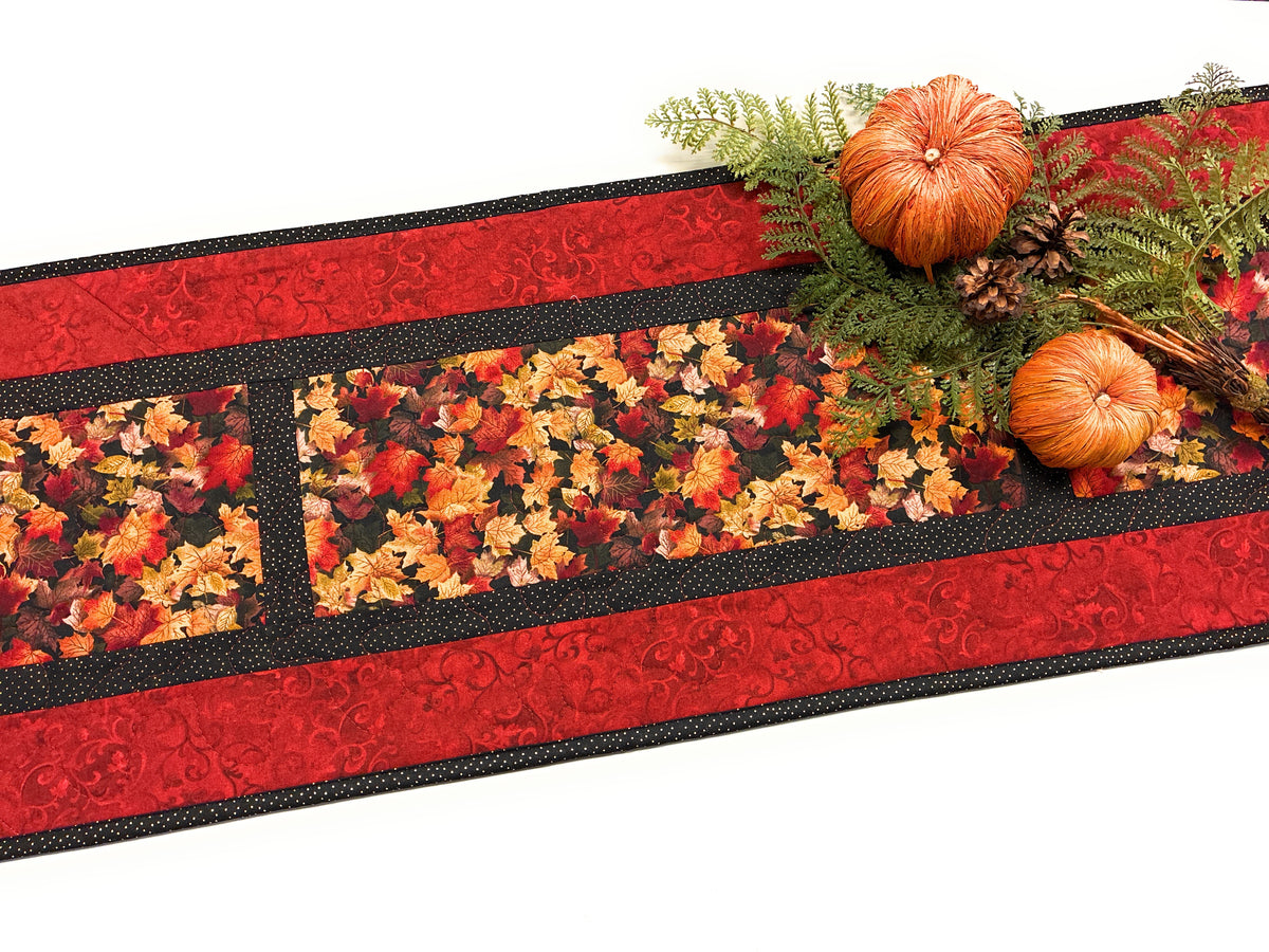 Fall Leaves Rust Gold Quilted Dining Table Runner 13x60" Reversible Handmade Winter Christmas