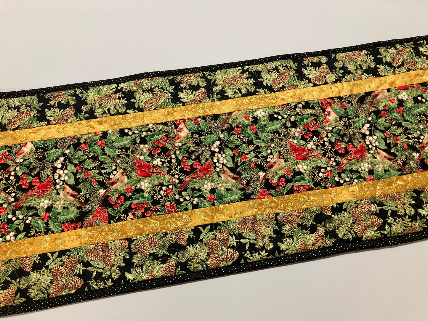 Christmas Red Cardinals Chickadees Birds 13x48" Quilted Dining Coffee Table Runner, Reversible Fall, Pine Cones Winter Holiday Holly Decor