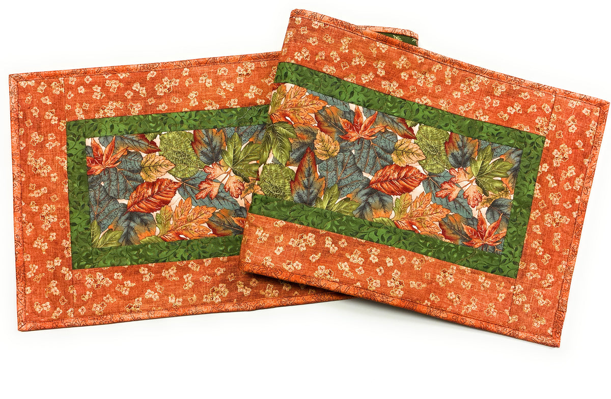 Autumnal Leaves Green Rust Blue Quilted Dining Table Runner 13x48" Handmade Christmas
