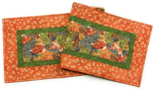 Autumnal Leaves Green Rust Blue Quilted Dining Table Runner 13x48" Handmade Christmas