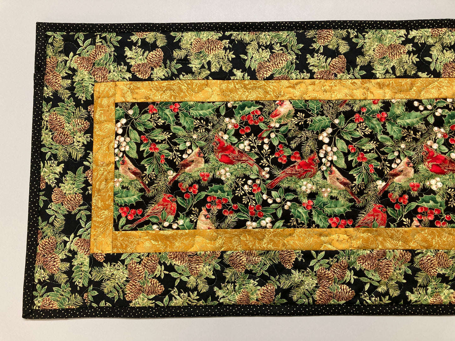 Christmas Red Cardinals Chickadees Birds 13x48" Quilted Dining Coffee Table Runner, Reversible Fall, Pine Cones Winter Holiday Holly Decor