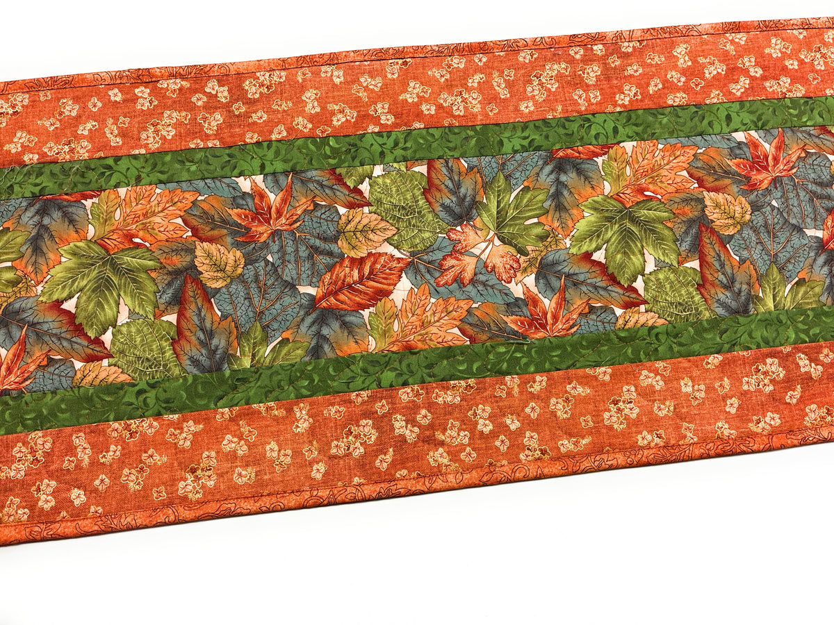 Autumnal Leaves Green Rust Blue Quilted Dining Table Runner 13x48" Handmade Christmas