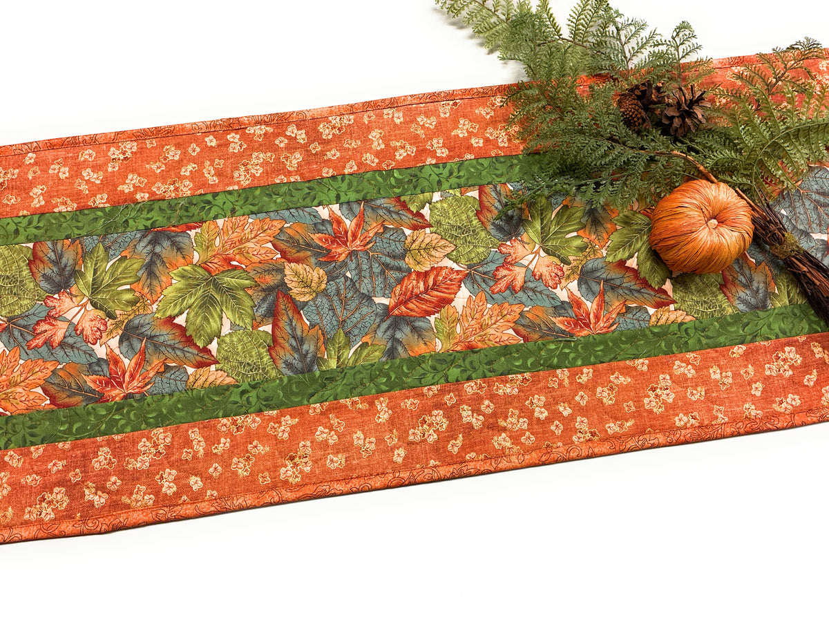 Autumnal Leaves Green Rust Blue Quilted Dining Table Runner 13x48" Handmade Christmas