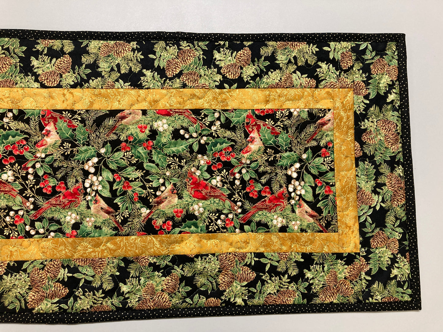 Christmas Red Cardinals Chickadees Birds 13x48" Quilted Dining Coffee Table Runner, Reversible Fall, Pine Cones Winter Holiday Holly Decor