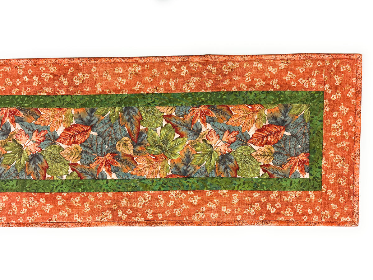 Autumnal Leaves Green Rust Blue Quilted Dining Table Runner 13x48" Handmade Christmas