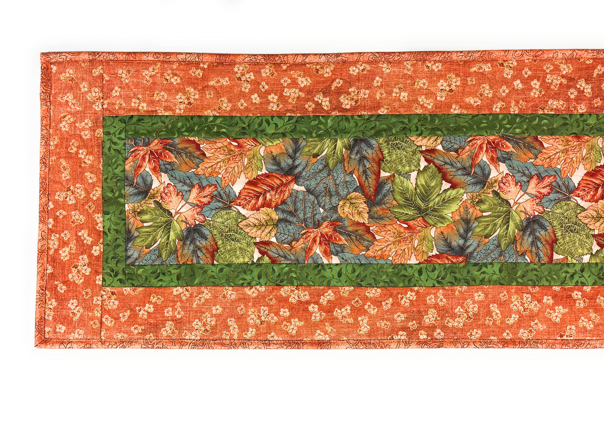 Autumnal Leaves Green Rust Blue Quilted Dining Table Runner 13x48" Handmade Christmas