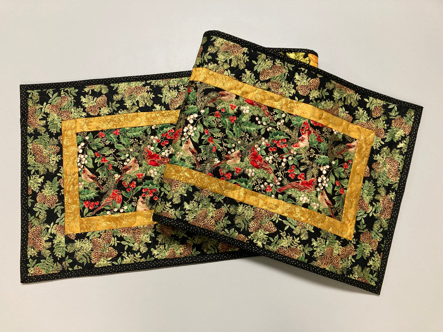 Christmas Red Cardinals Chickadees Birds 13x48" Quilted Dining Coffee Table Runner, Reversible Fall, Pine Cones Winter Holiday Holly Decor