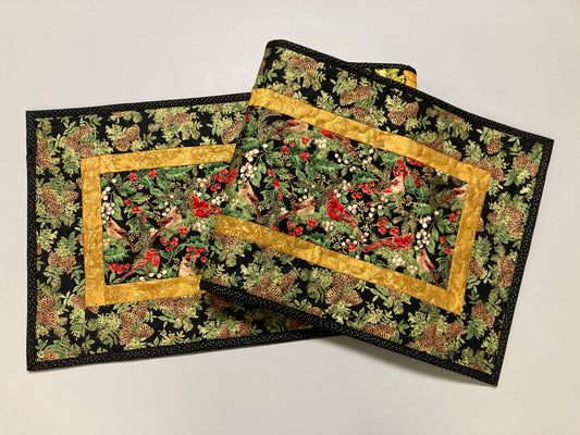 Christmas Red Cardinals Chickadees Birds 13x48" Quilted Dining Coffee Table Runner, Reversible Fall, Pine Cones Winter Holiday Holly Decor