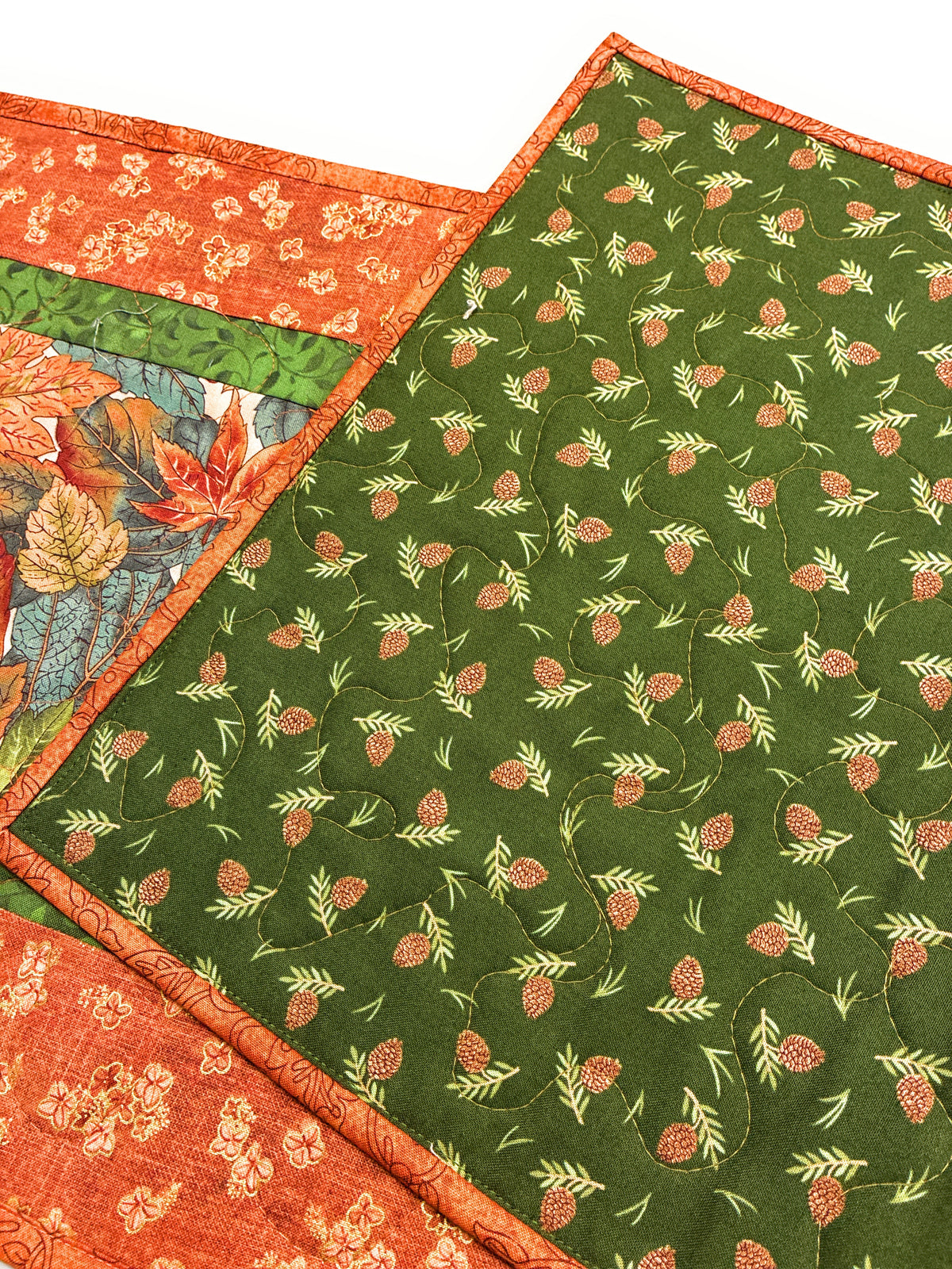 Autumnal Leaves Green Rust Blue Quilted Dining Table Runner 13x48" Handmade Christmas
