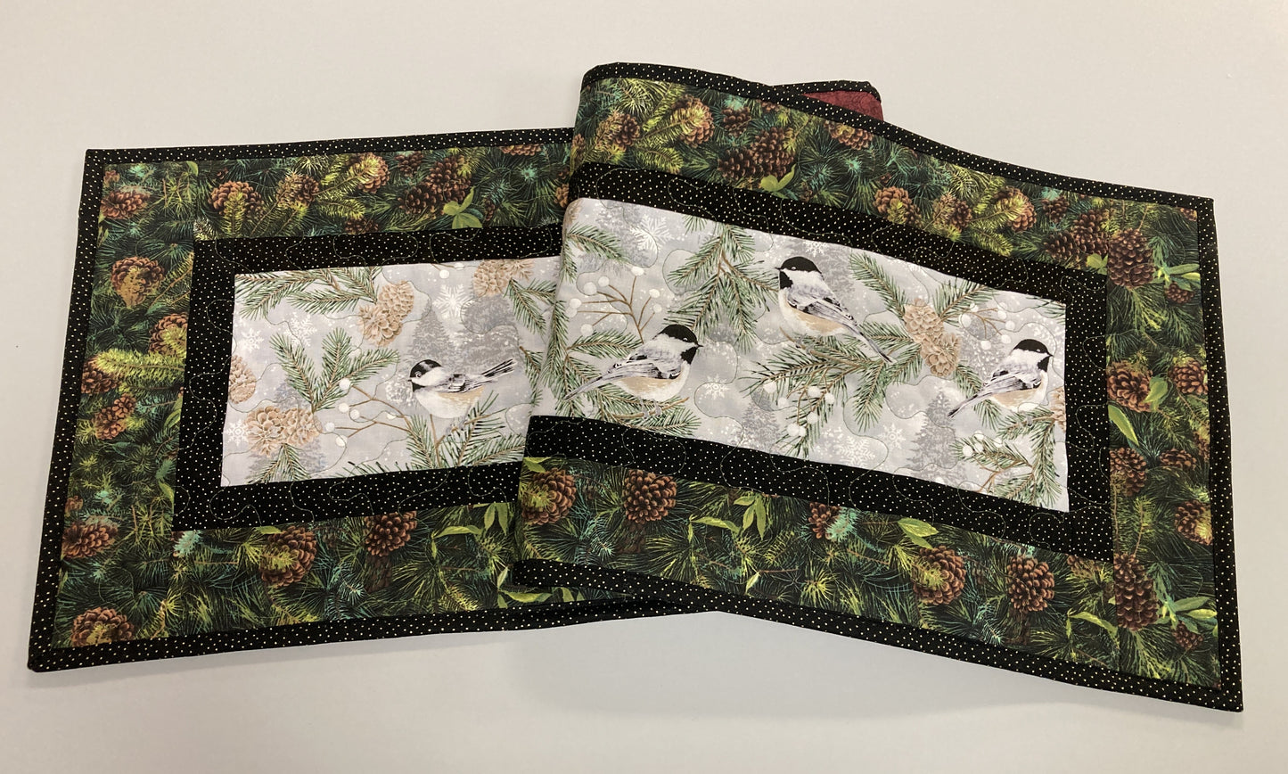 Chickadees Pines Cones Quilted Table Runner, 13x48", Reversible Fall, Mountain Birds Buffet Coffee Dining Decor Winter Christmas Everyday