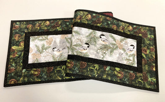Pine Cone Mountain Chickadees Quilted Table Runner, 13x48", Reversible Fall Birds Buffet Coffee Dining Table Decor Winter Christmas Everyday