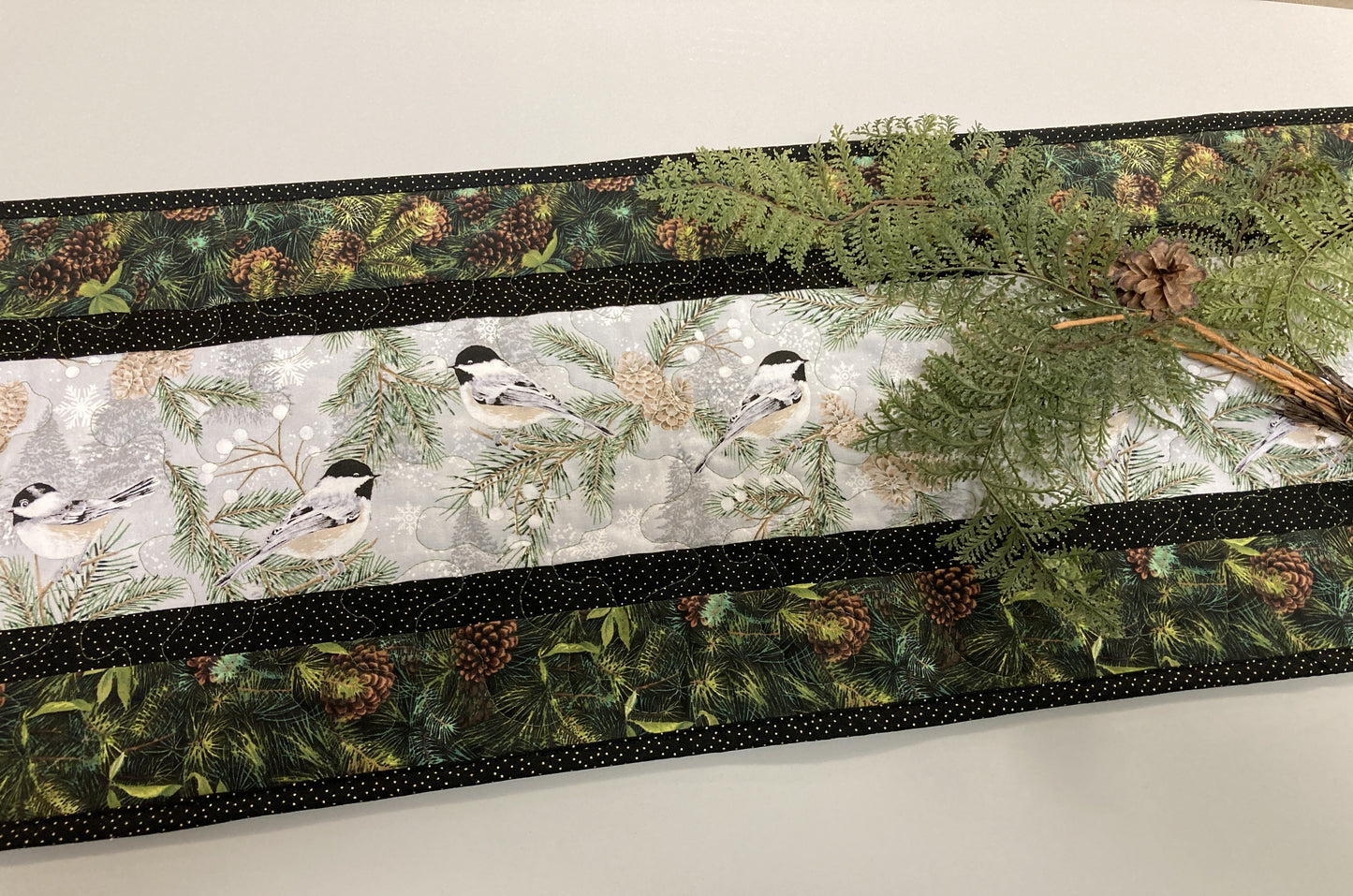 Chickadees Pines Cones Quilted Table Runner, 13x48", Reversible Fall, Mountain Birds Buffet Coffee Dining Decor Winter Christmas Everyday
