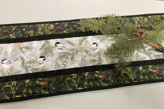 Chickadees Pines Cones Quilted Table Runner, 13x48", Reversible Fall, Mountain Birds Buffet Coffee Dining Decor Winter Christmas Everyday
