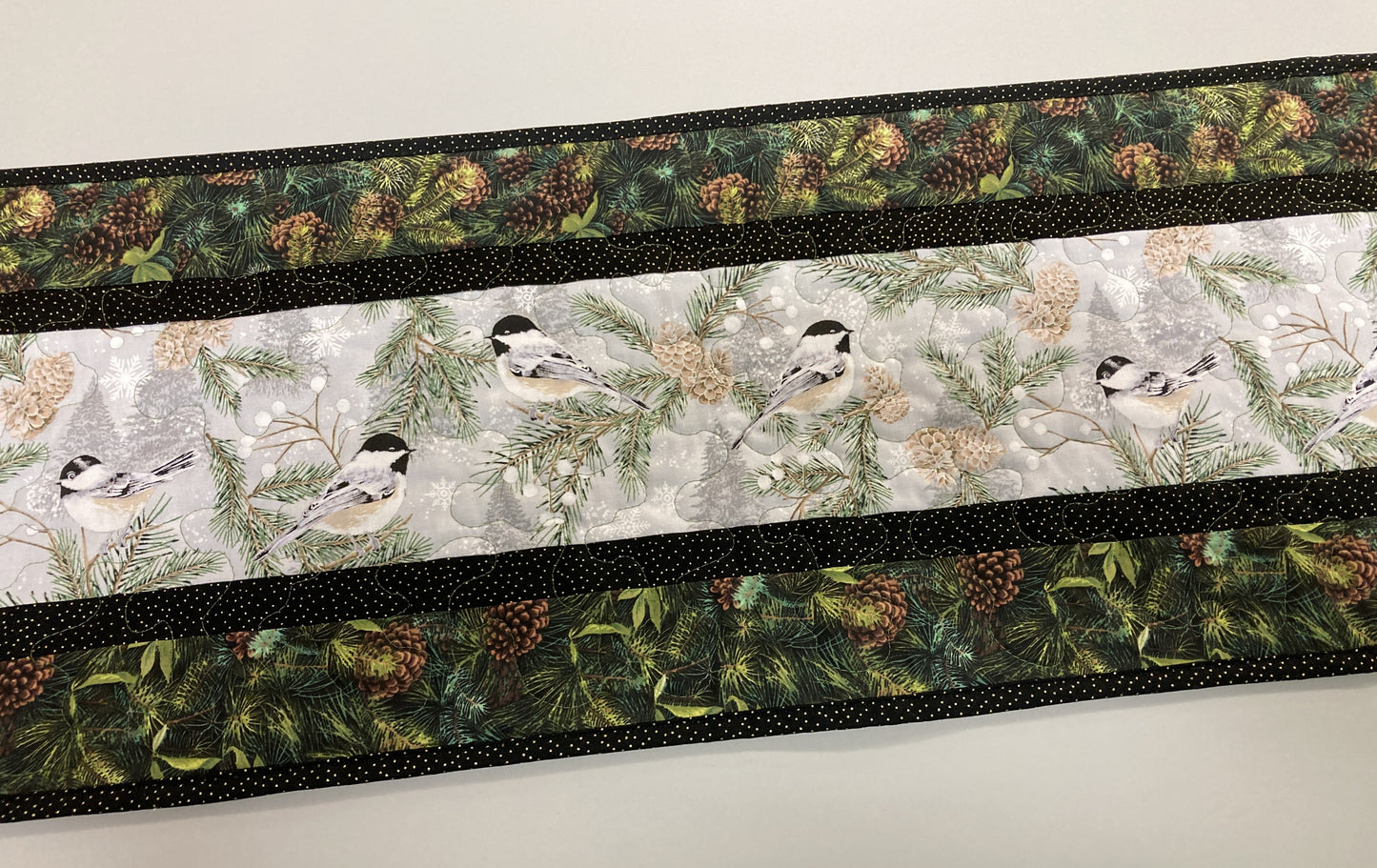 Chickadees Pines Cones Quilted Table Runner, 13x48", Reversible Fall, Mountain Birds Buffet Coffee Dining Decor Winter Christmas Everyday