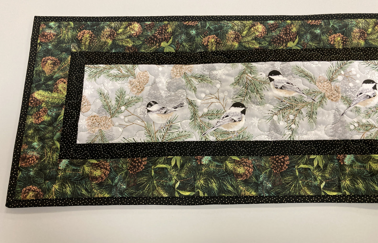 Chickadees Pines Cones Quilted Table Runner, 13x48", Reversible Fall, Mountain Birds Buffet Coffee Dining Decor Winter Christmas Everyday
