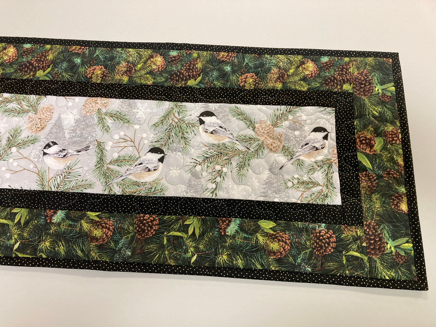 Chickadees Pines Cones Quilted Table Runner, 13x48", Reversible Fall, Mountain Birds Buffet Coffee Dining Decor Winter Christmas Everyday