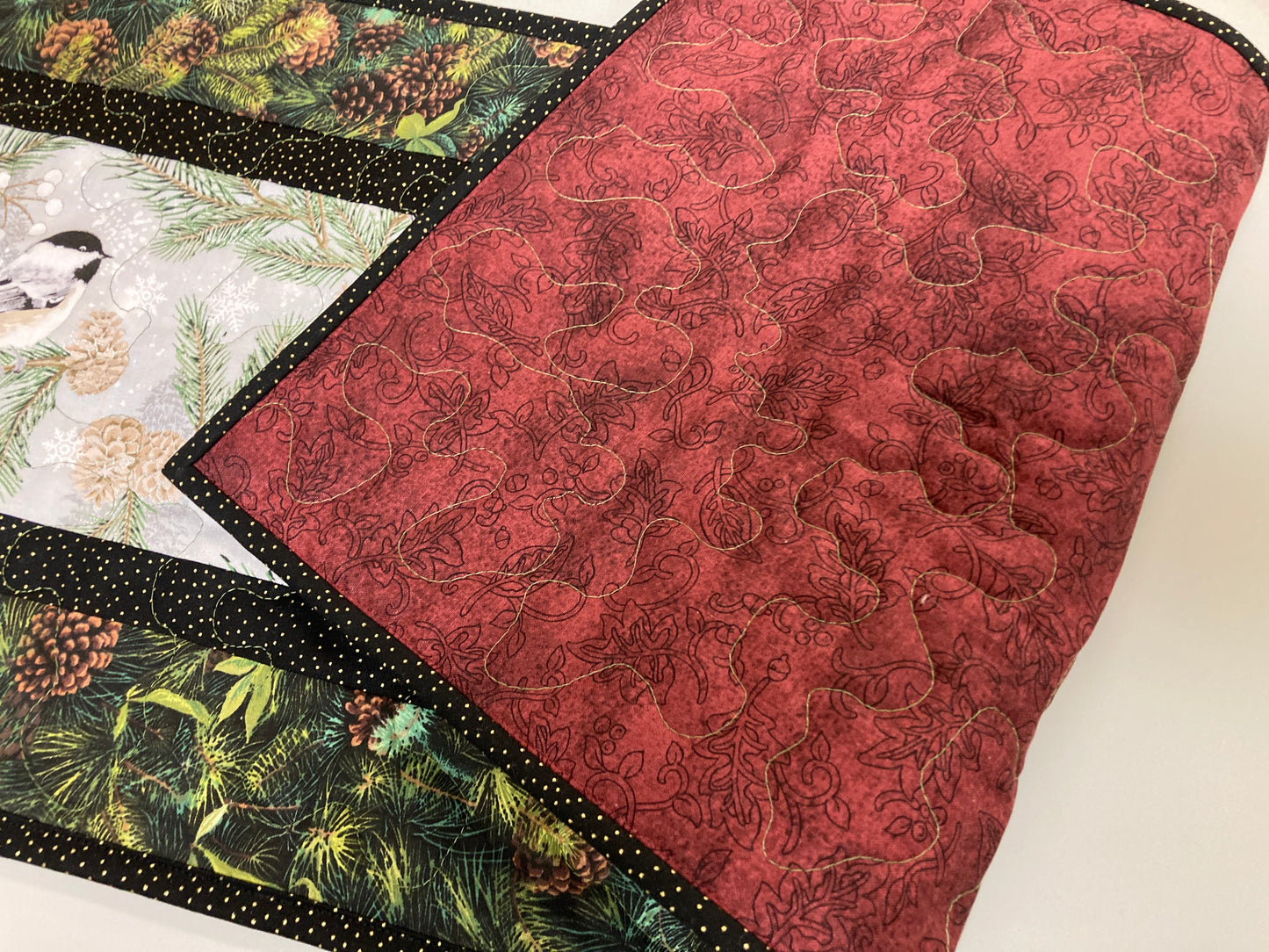 Chickadees Pines Cones Quilted Table Runner, 13x48", Reversible Fall, Mountain Birds Buffet Coffee Dining Decor Winter Christmas Everyday