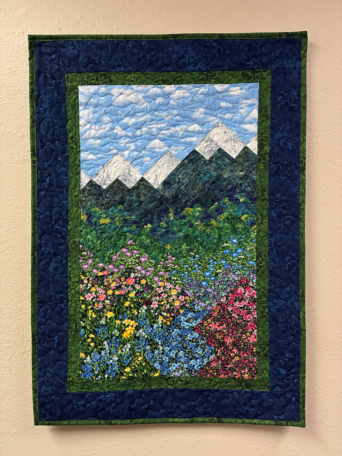 Summer Wildflower Mountain Art Quilt Fabric Wall Hanging, Landscape Vertical Quilted 22x32” Tapestry