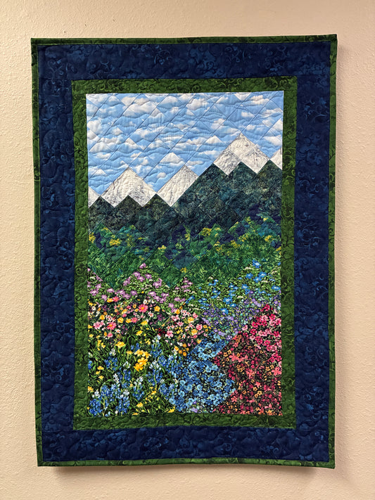 Summer Wildflower Mountain Art Quilt Fabric Wall Hanging, Landscape Vertical Quilted 22x32” Tapestry