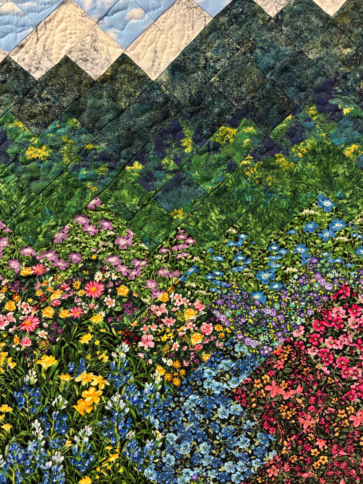 Summer Wildflower Mountain Art Quilt Fabric Wall Hanging, Landscape Vertical Quilted 22x32” Tapestry