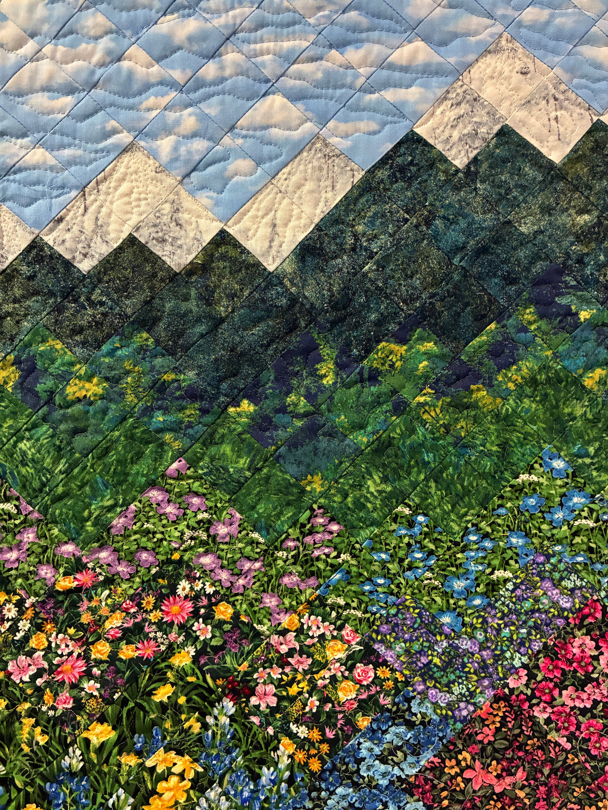 Summer Wildflower Mountain Art Quilt Fabric Wall Hanging, Landscape Vertical Quilted 22x32” Tapestry