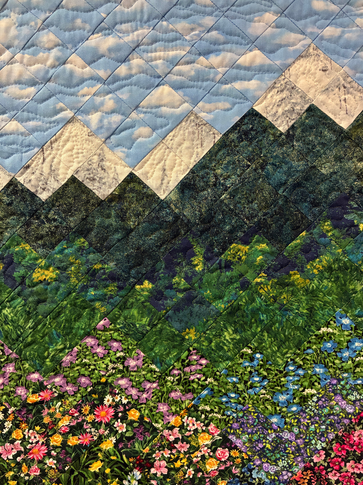 Summer Wildflower Mountain Art Quilt Fabric Wall Hanging, Landscape Vertical Quilted 22x32” Tapestry