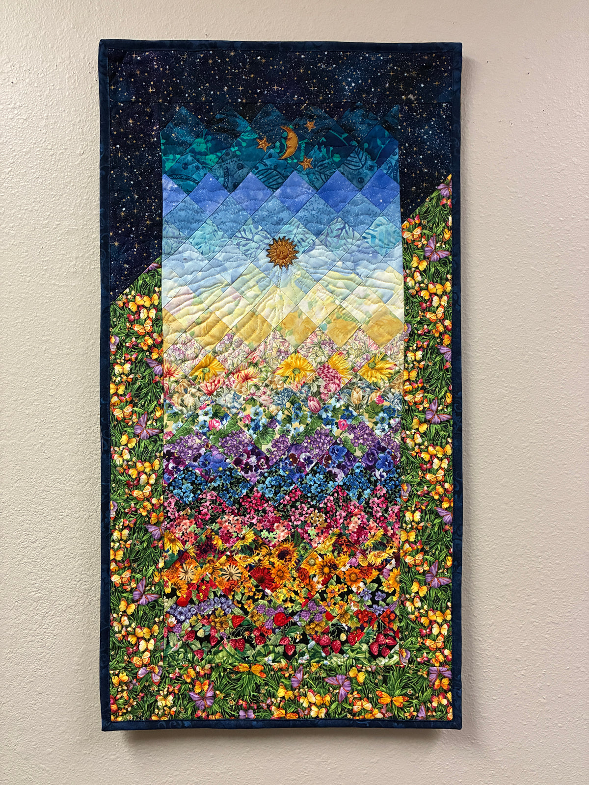 Art Quilt, Sunshine Garden Sun Moon Fabric Quilted Wall Hanging Celestial Tapestry 35x17" Whimsical Long Vertical Original Artwork Handmade