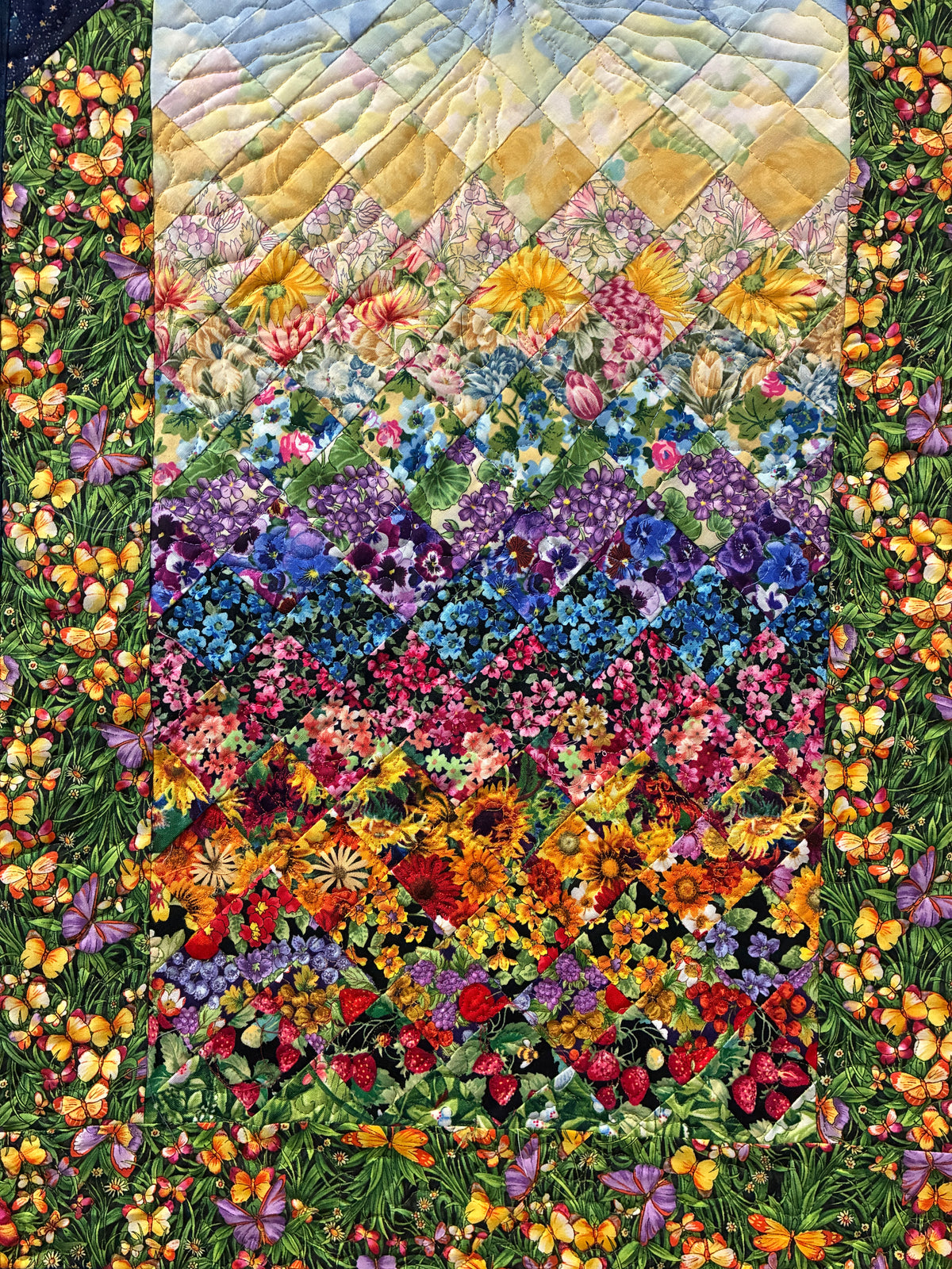 Art Quilt, Sunshine Garden Sun Moon Fabric Quilted Wall Hanging Celestial Tapestry 35x17" Whimsical Long Vertical Original Artwork Handmade