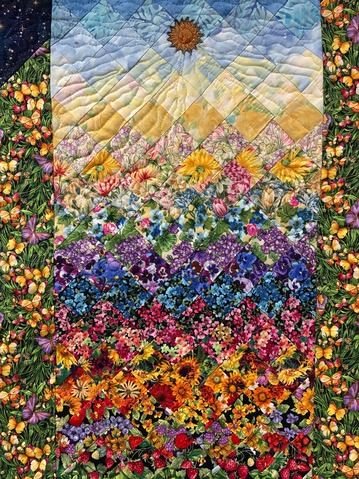 Art Quilt, Sunshine Garden Sun Moon Fabric Quilted Wall Hanging Celestial Tapestry 35x17" Whimsical Long Vertical Original Artwork Handmade
