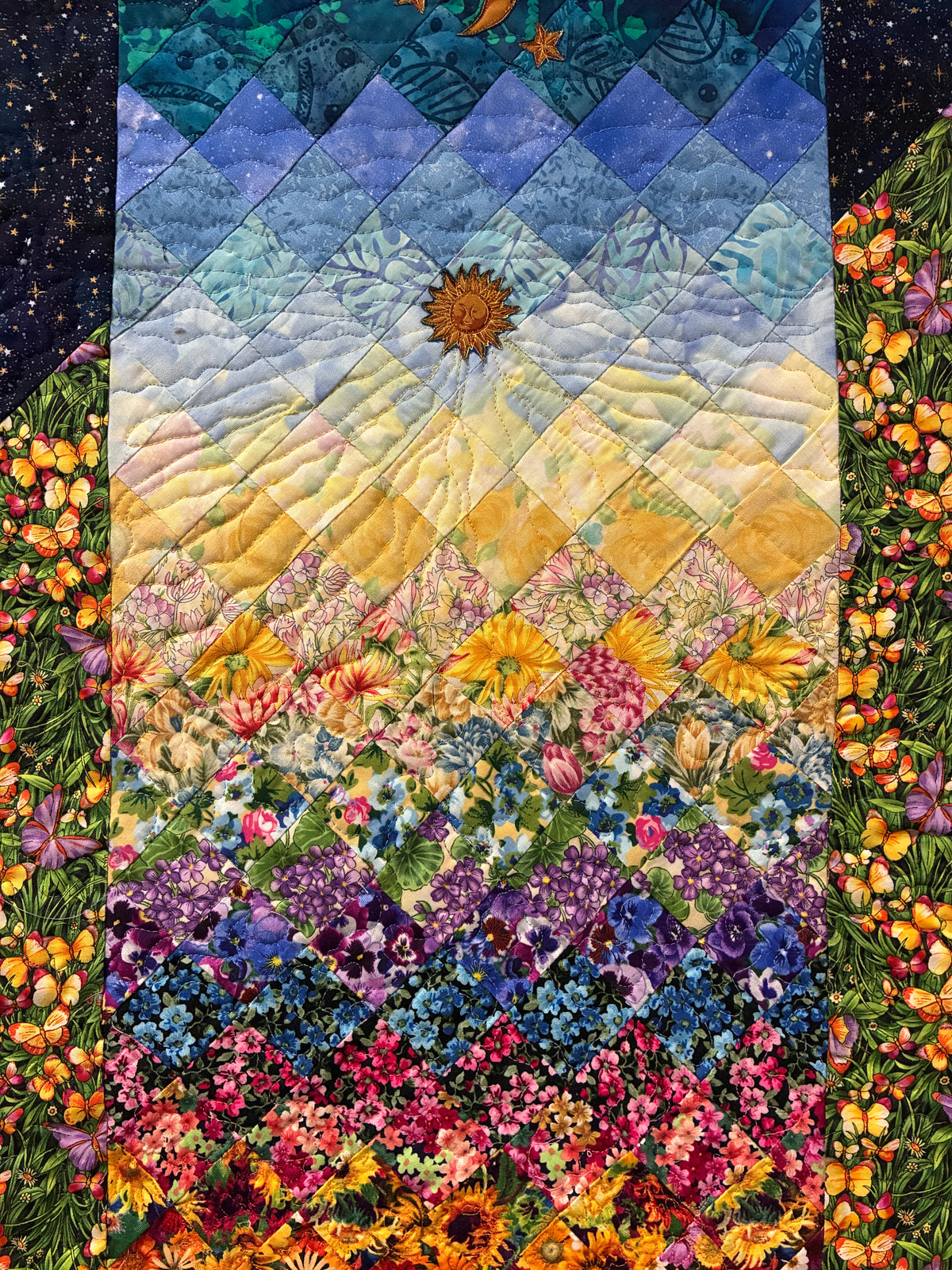 Art Quilt, Sunshine Garden Sun Moon Fabric Quilted Wall Hanging Celestial Tapestry 35x17" Whimsical Long Vertical Original Artwork Handmade