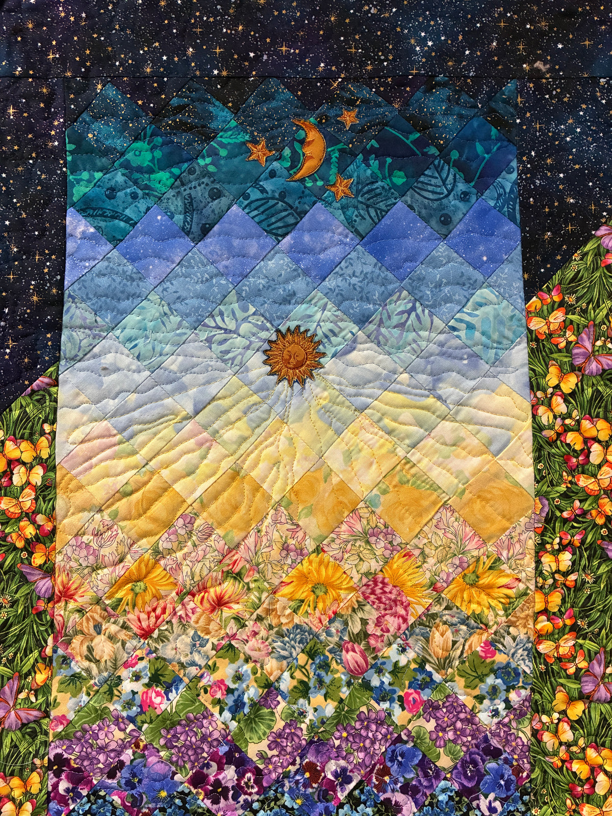 Art Quilt, Sunshine Garden Sun Moon Fabric Quilted Wall Hanging Celestial Tapestry 35x17" Whimsical Long Vertical Original Artwork Handmade