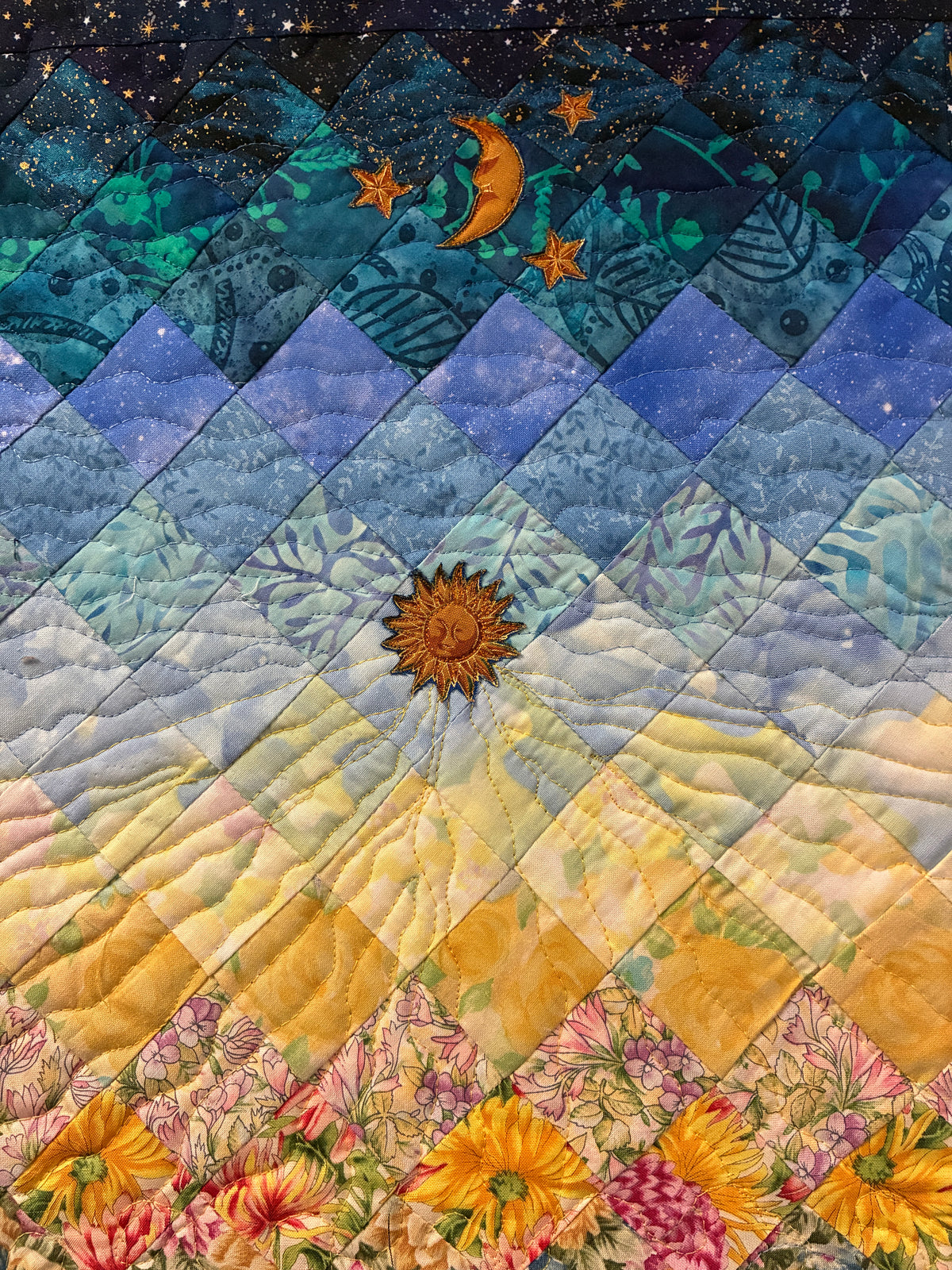 Art Quilt, Sunshine Garden Sun Moon Fabric Quilted Wall Hanging Celestial Tapestry 35x17" Whimsical Long Vertical Original Artwork Handmade