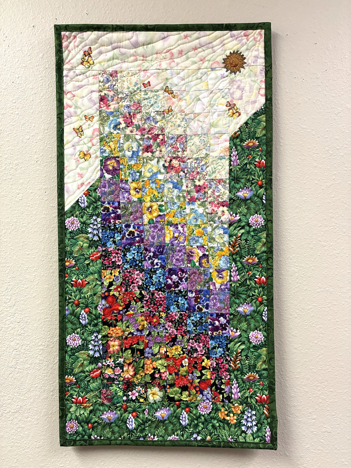 Summer Flowers Sunny Butterfly Garden Fabric Wall Hanging 14x34",  Watercolor Tapestry, Vertical Quilted