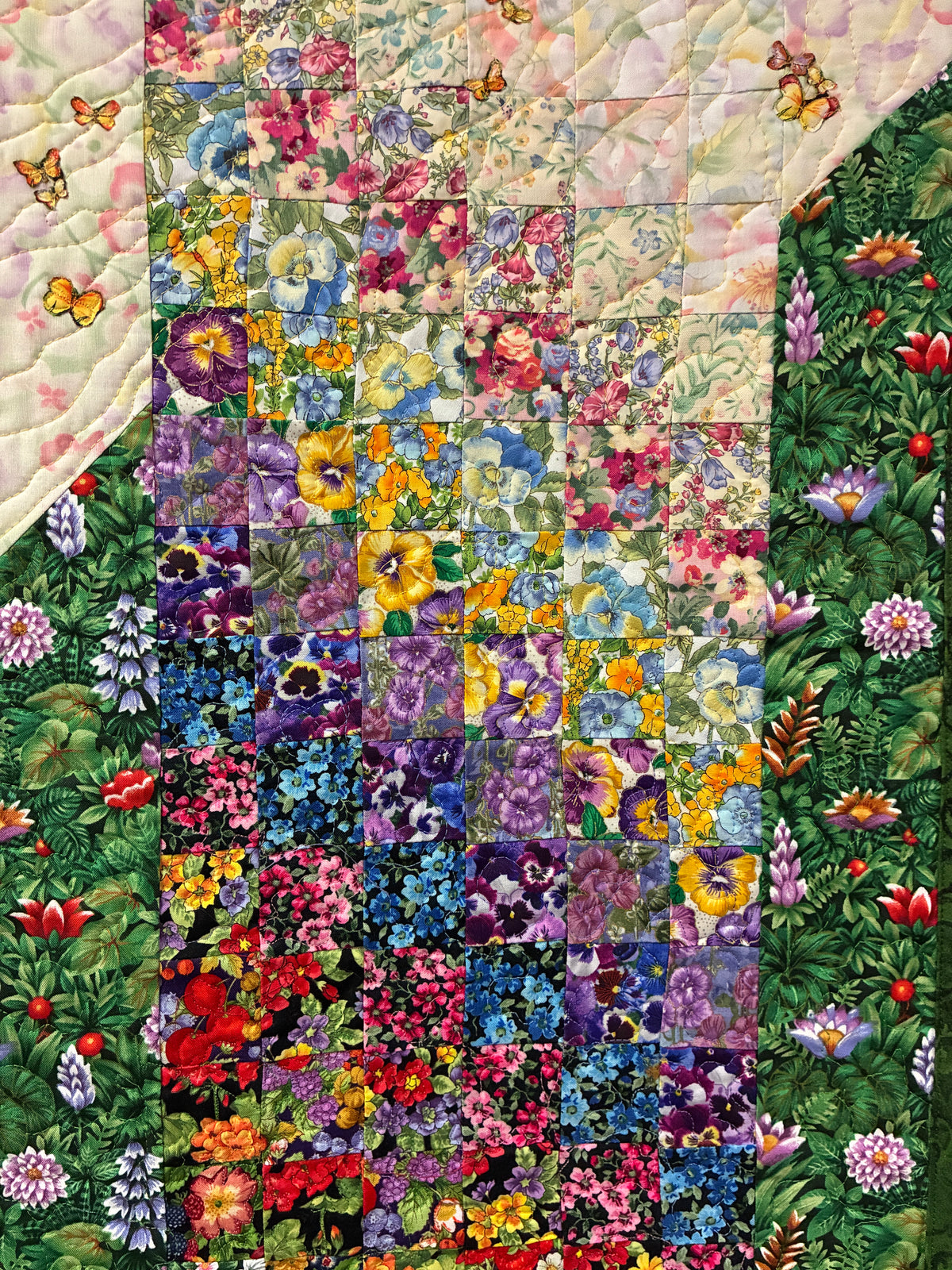 Summer Flowers Sunny Butterfly Garden Fabric Wall Hanging 14x34",  Watercolor Tapestry, Vertical Quilted