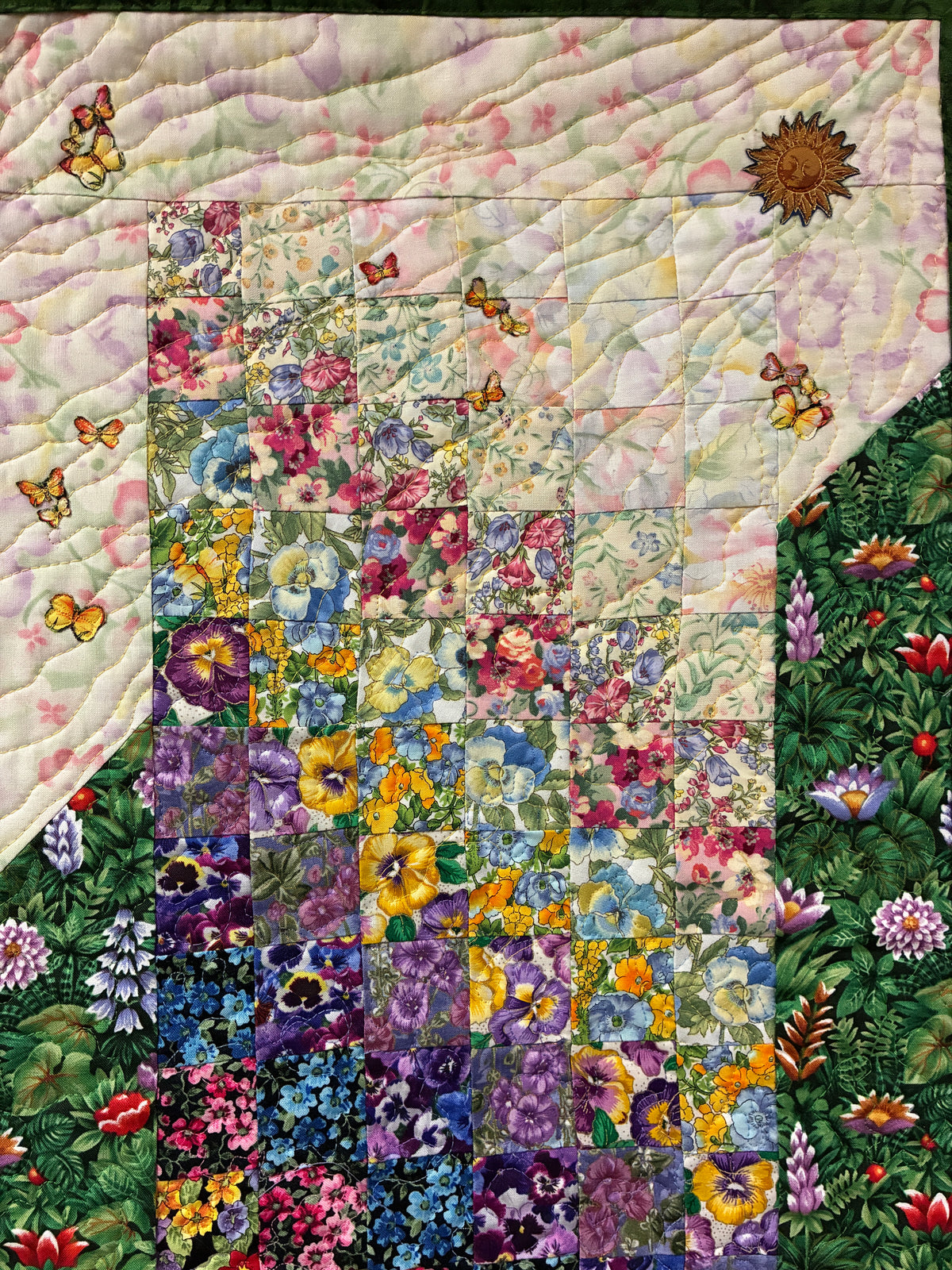 Summer Flowers Sunny Butterfly Garden Fabric Wall Hanging 14x34",  Watercolor Tapestry, Vertical Quilted