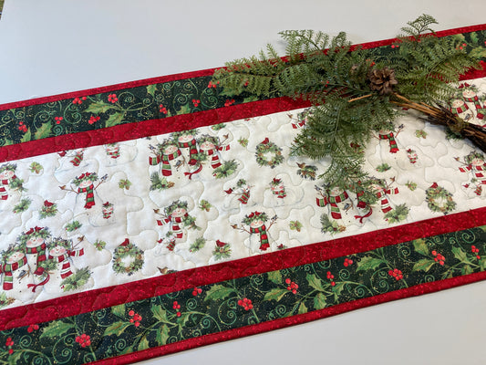Snowman Christmas Winter Dining or Coffee Table Runner, 16x48" Quilted, Reversible, Snowflakes Birds Cats Children Whimsical, Wide Handmade