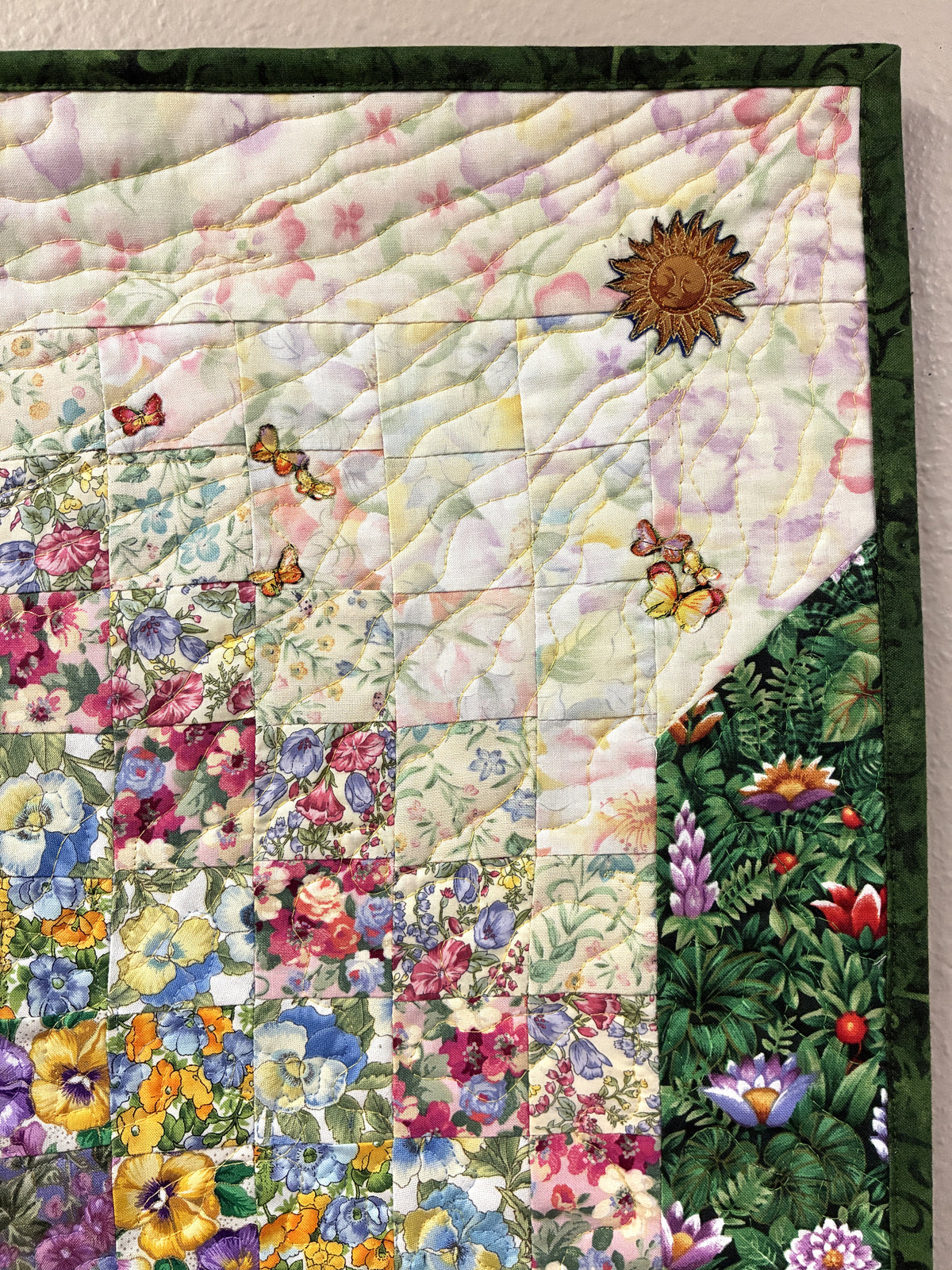 Summer Flowers Sunny Butterfly Garden Fabric Wall Hanging 14x34",  Watercolor Tapestry, Vertical Quilted