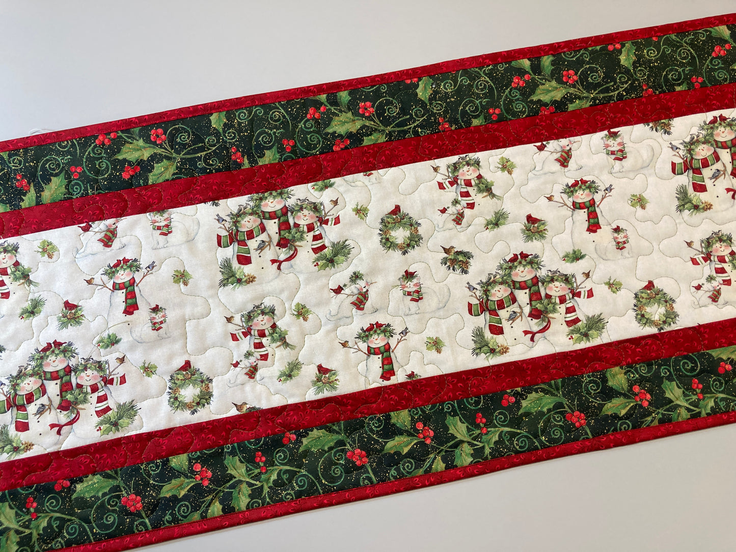 Snowman Christmas Winter Dining or Coffee Table Runner, 16x48" Quilted, Reversible, Snowflakes Birds Cats Children Whimsical, Wide Handmade