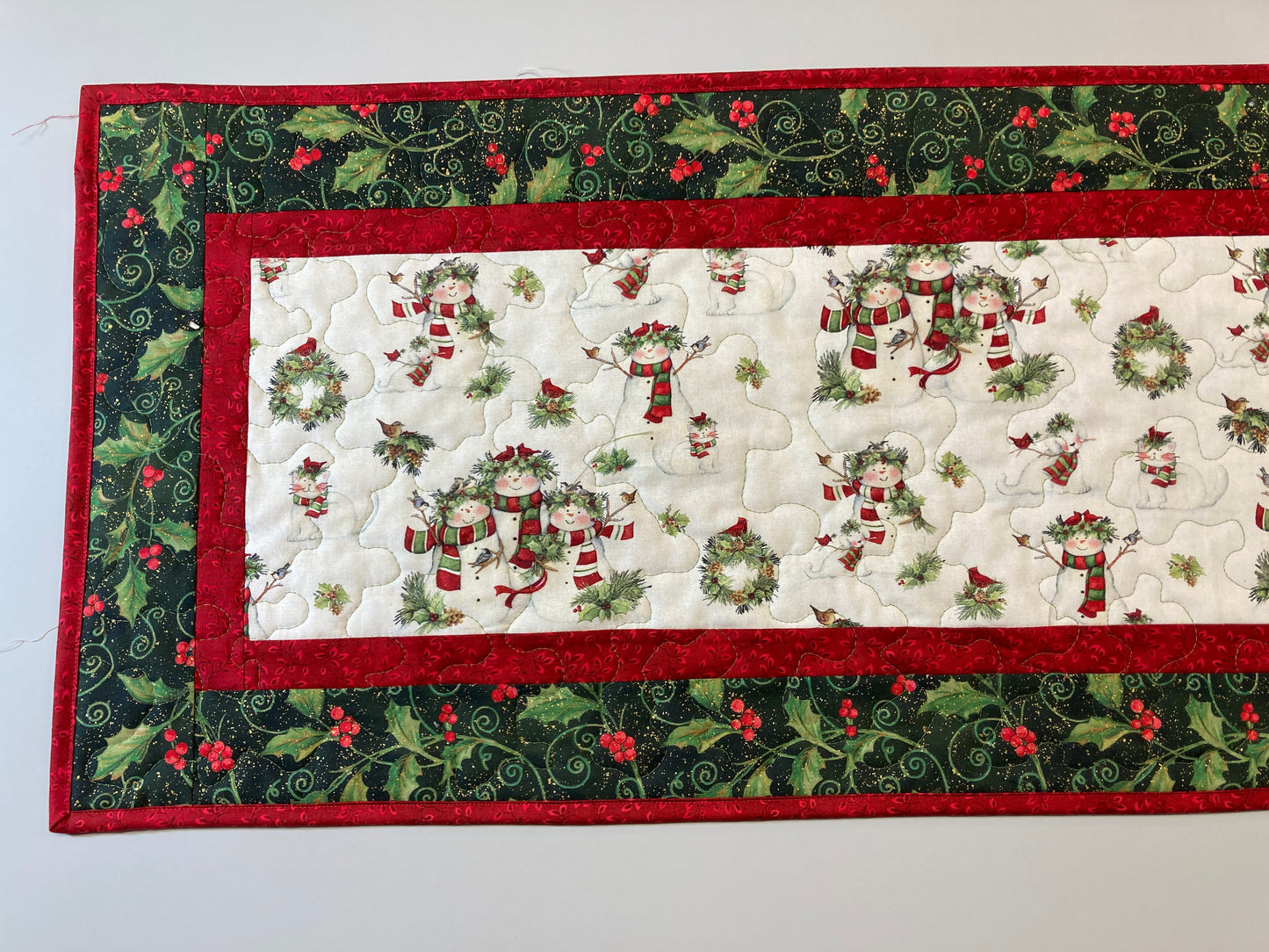 Snowman Christmas Winter Dining or Coffee Table Runner, 16x48" Quilted, Reversible, Snowflakes Birds Cats Children Whimsical, Wide Handmade