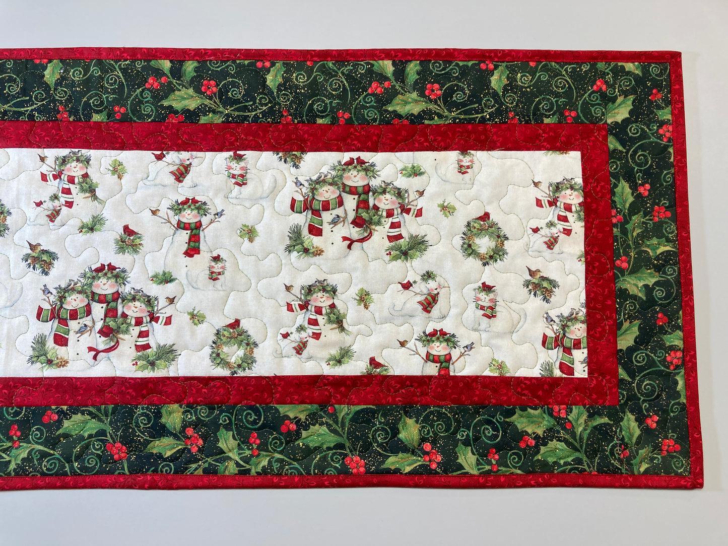 Snowman Christmas Winter Dining or Coffee Table Runner, 16x48" Quilted, Reversible, Snowflakes Birds Cats Children Whimsical, Wide Handmade