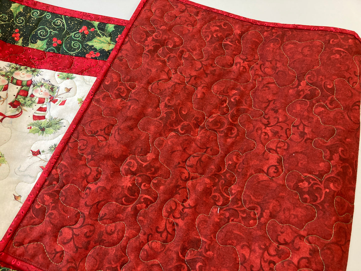 Snowman Christmas Winter Dining or Coffee Table Runner, 16x48" Quilted, Reversible, Snowflakes Birds Cats Children Whimsical, Wide Handmade