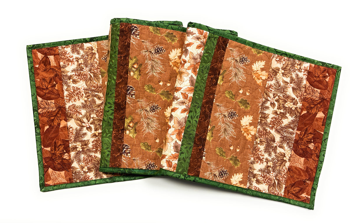 Pine Cones Acorns Leaves Quilted Dining or Coffee Table Runner, 14x54" Reversible Christmas Handmade
