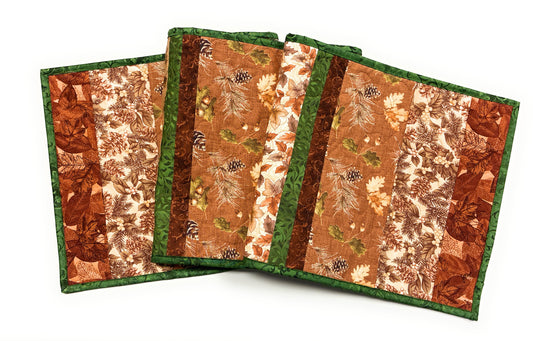Pine Cones Acorns Leaves Quilted Dining or Coffee Table Runner, 14x54" Reversible Christmas Handmade
